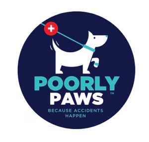 Logo of a white dog with a teal collar and bandaged paw, with a red first aid symbol attached to its leash, above the text "POORLY PAWS" and the tagline "Because accidents happen" on a dark blue circle.
