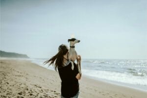 A person stands on a sandy beach facing the ocean, holding a small dog on their shoulder. The dog's head has a small crown illustration above it. Waves and distant cliffs are visible in the background.