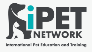Logo for iPET Network. Large silhouette of a dog with a smaller cat silhouette inside, stylized “i” in blue. Text reads: "iPET NETWORK International Pet Education and Training.