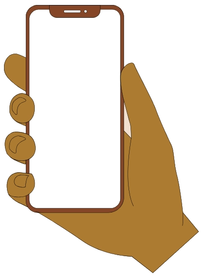 Illustration of a brown-skinned hand holding a mobile phone with a blank white screen, facing forward. Perfect for dog walkers apps, the phone is grasped with all fingers visible and has rounded edges.