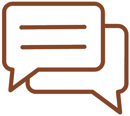 Two overlapping brown speech bubbles, with one bubble containing two horizontal lines representing text. The simple, outlined design suggests a conversation or communication—perfect for dog walkers connecting and sharing tips.