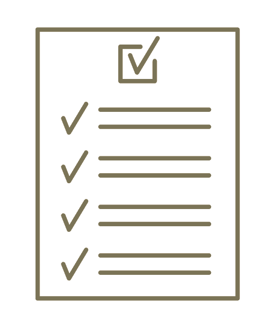 Simple line drawing of a minimalist brown checklist, perfect for dog walkers. Features five tick marks down the left and lines for notes next to each, with a large tick in a box at the top of the page.
