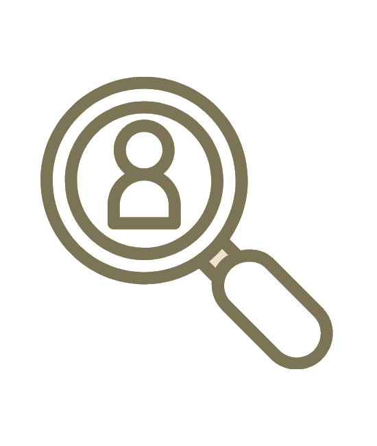 A simple line drawing of a magnifying glass focusing on a person icon, symbolising searching for dog walkers or users. The design is minimalist and uses a single neutral colour on a light background.