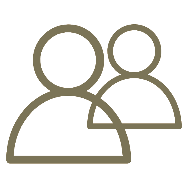 Simple icon of two generic, overlapping human figures—ideal for representing dog walkers—one in front and one behind, depicted with round heads and semi-circular bodies on a plain background.