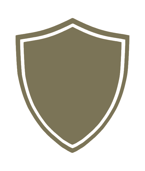 A simple illustration for dog walkers featuring a shield shape with a thick, olive-brown fill and a white border on a light grey background. The shield has a classic pointed bottom and curved top design.